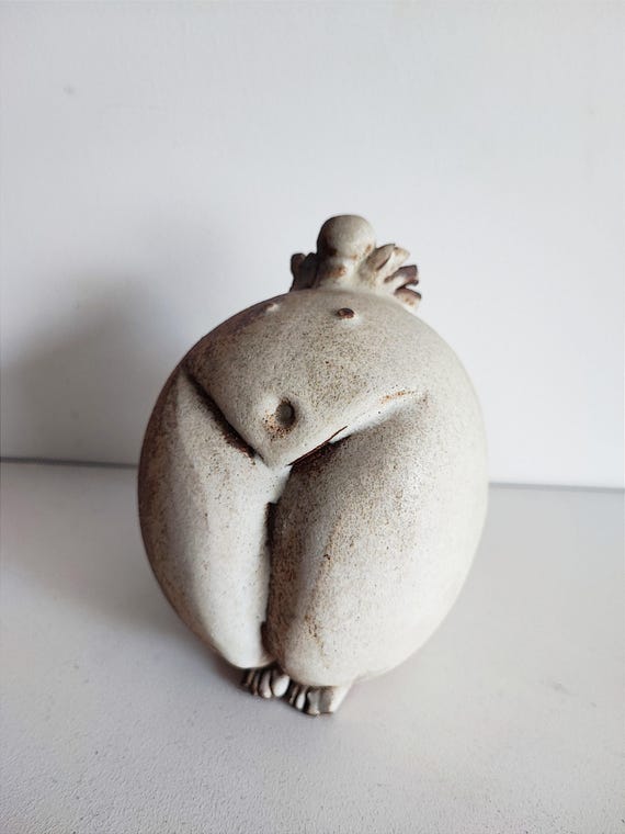 Primitive Figure Sculpture, Stoneware Clay, Brown White, Woman