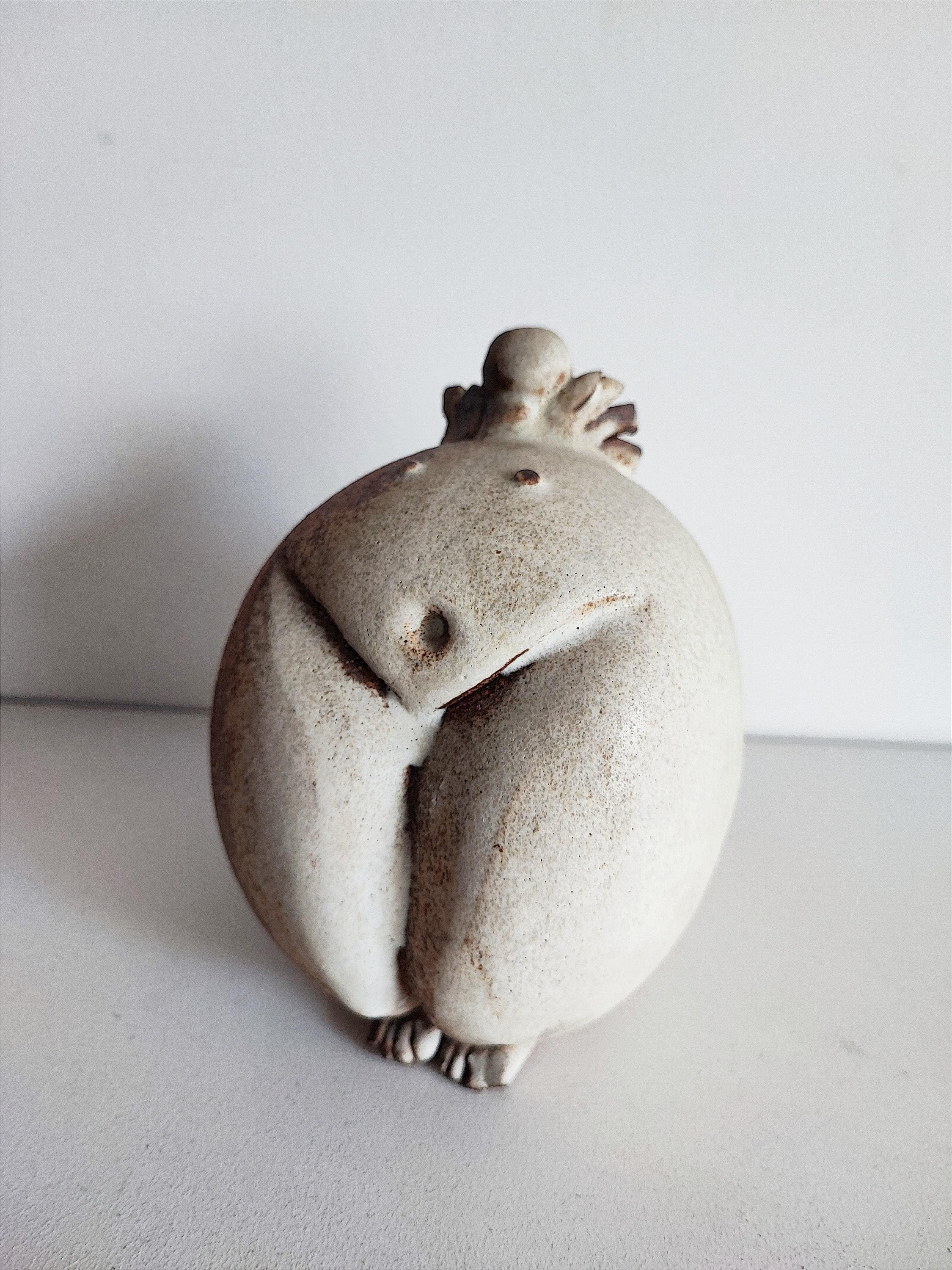 Primitive Figure Sculpture, Stoneware Clay, Brown White, Woman