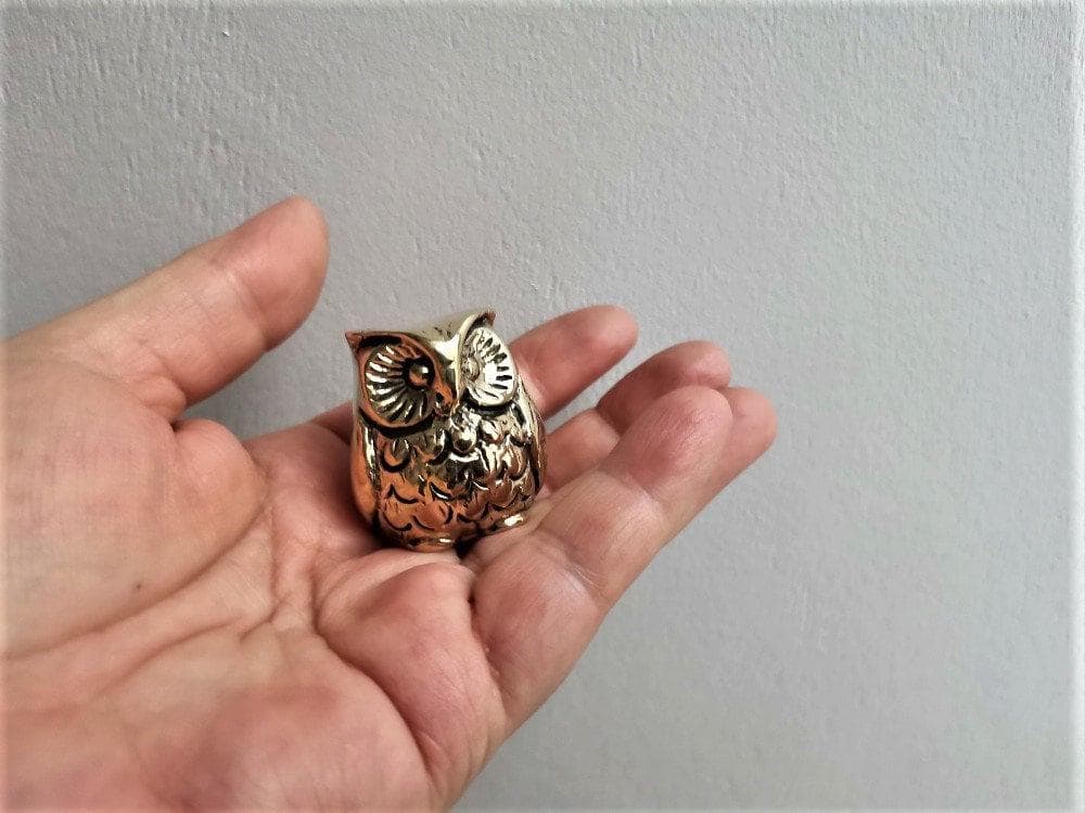 Tiny brass owl sculpture, greek folk art sculpture of owl, solid brass, sitting owl figurine