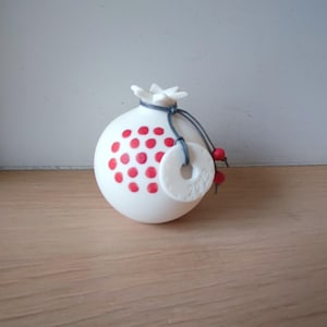 Porcelain pomegranate with new year tag, lucky pomegranate in pure white with red seeds and 2023 charm, life size pomegranate with charm