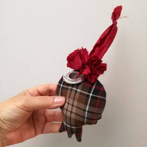 Brown pomegranate plushie, christmas pomegranate plushie ornament of tartan cloth with red pompon and metal charm of wishes, γούρι ρόδι καφέ