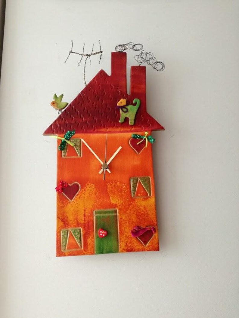 Red House Clock, Colourful Ceramic House Clock, House Shaped Wall Clock ...