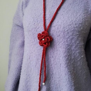 Red rose necklace, crochet lariat necklace in dark red, berry red rose knit necklace, unique boho hippie, accent jewlery necklace