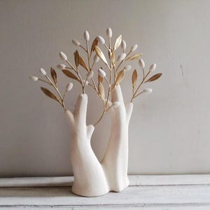 Modern olive tree sculpture, ceramic olive tree with brass olive branches and ceramic olives