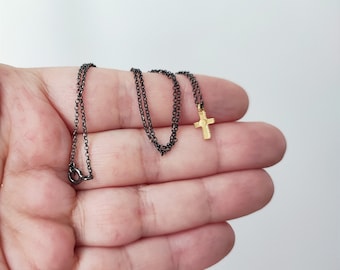 Tiny gold cross necklace, solid 18k gold cross with textured surface on oxidised sterling chain, gold cross pendant, unisex cross necklace