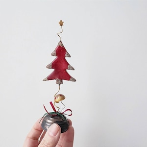 Red chistmas tree, xmas fir trees with baubles, ceramic christmas tree miniature on brown base, unique xmas decor tree