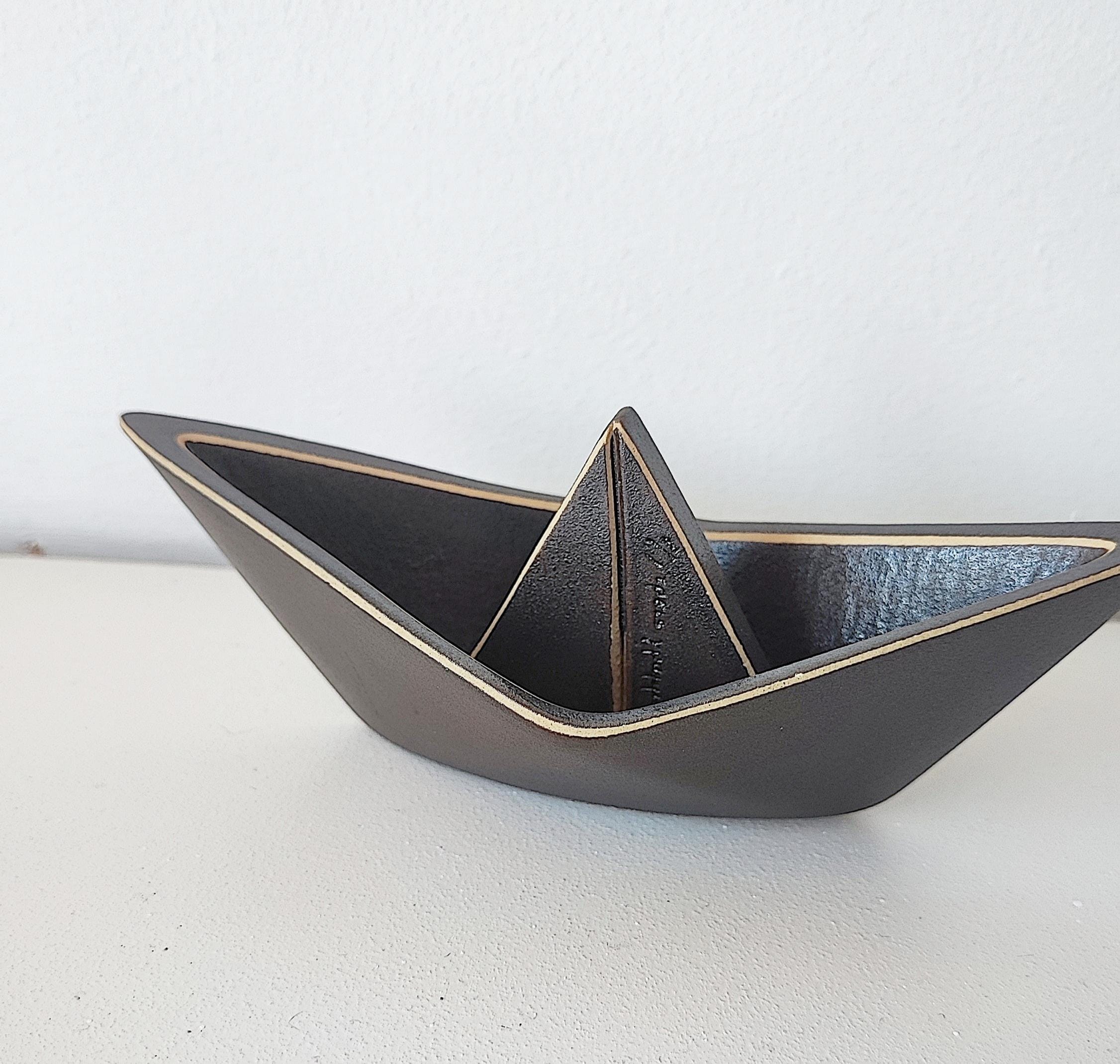 Ceramic Paper Boat, Grey Paper Boat Art Object, Good Luck Paper