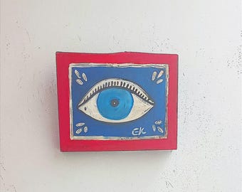 Pintura de madera de ojo azul griego, pintura de arte popular de ojo azul, pintura sobre madera recuperada con ojo azul, arte popular griego