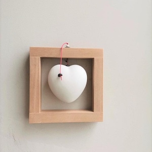 Framed heart sculpture, porcelain white heart in natural, unpolished, wood frame, valentines heart, minimalist heart
