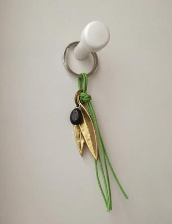 Olive branch key chain, brass olive branch with lava stone olive and green cord on an alloy keyring, olive key ring, unisex accessory