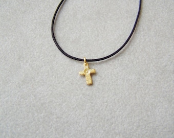 Gold cross necklace, tiny solid 18k gold cross with textured surface on a black cord, gold cross pendant, unisex cross necklace, tiny cross