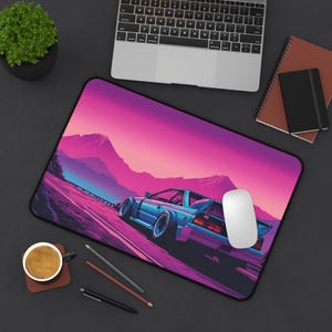 Synthwave Car Desk Mat: Retro 80s Anime Gaming Pad image 6