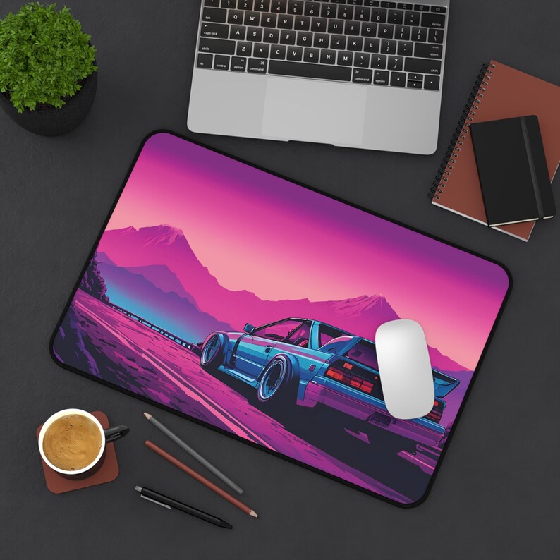 Synthwave Car Desk Mat: Retro 80s Anime Gaming Pad image 6