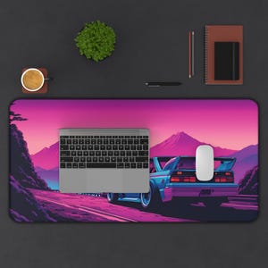 Synthwave Car Desk Mat: Retro 80s Anime Gaming Pad image 5