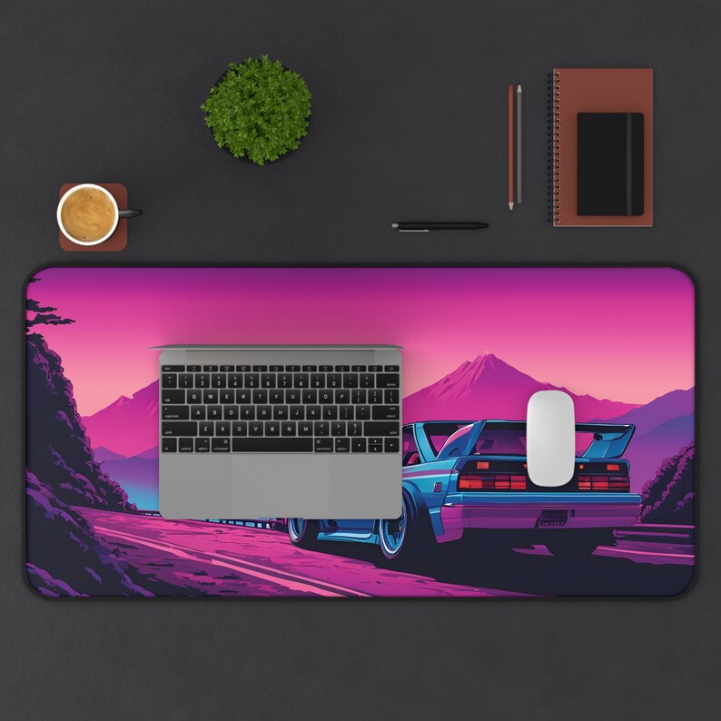 Synthwave Car Desk Mat: Retro 80s Anime Gaming Pad image 5