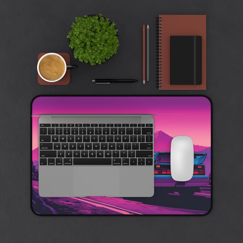 Synthwave Car Desk Mat: Retro 80s Anime Gaming Pad image 3
