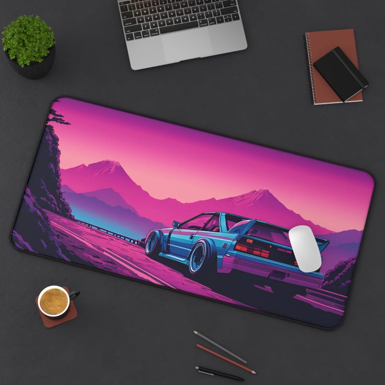 Synthwave Car Desk Mat: Retro 80s Anime Gaming Pad image 7