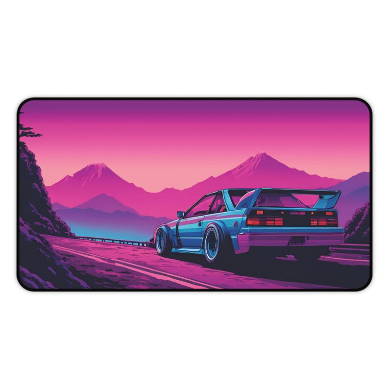 Synthwave Car Desk Mat: Retro 80s Anime Gaming Pad image 2