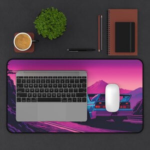 Synthwave Car Desk Mat: Retro 80s Anime Gaming Pad image 4