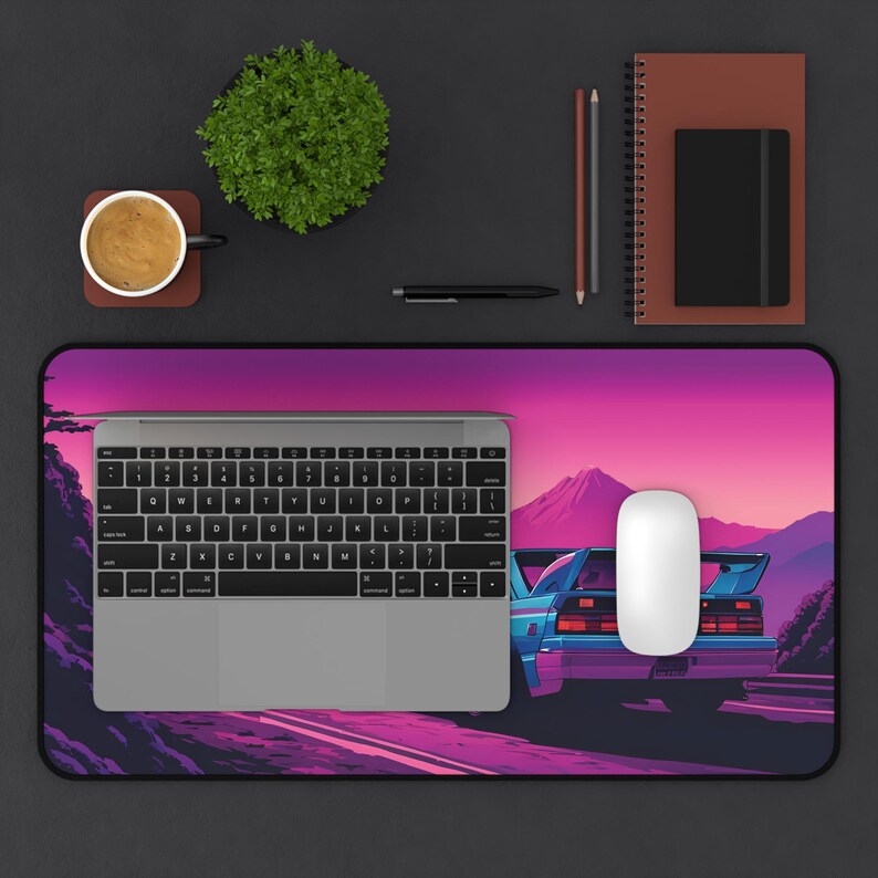 Synthwave Car Desk Mat: Retro 80s Anime Gaming Pad image 4