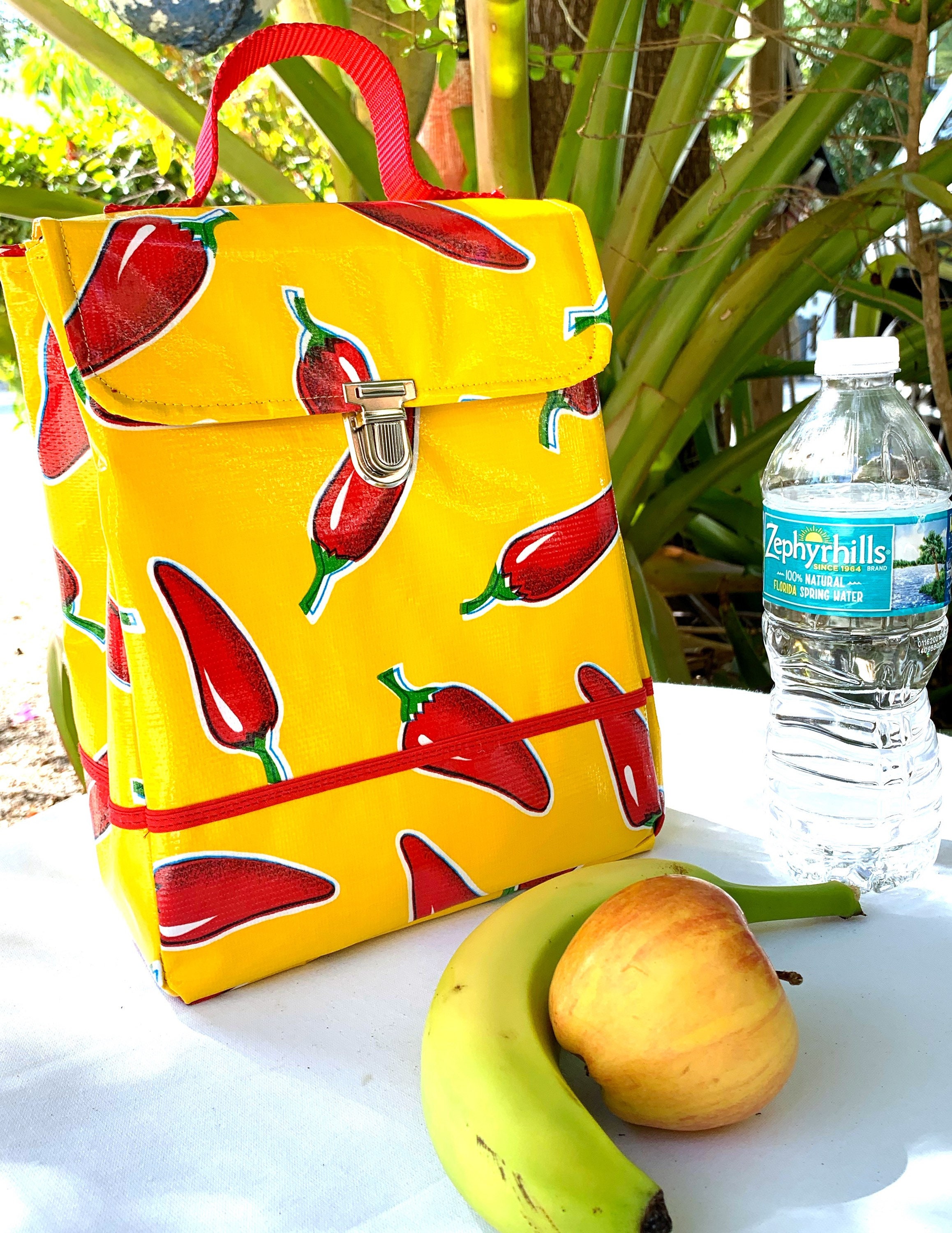Oilcloth lunch bag, chili pepper lunch tote, zero waste packaging for