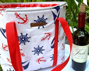 Oilcloth tote, nautical tote, beach bag, picnic tote, farmers market bag, anchors and sailboat waterproof bag, striped tote, reusable bag