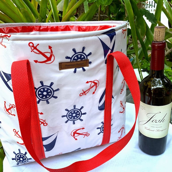 Oilcloth tote, nautical tote, beach bag, picnic tote, farmers market bag, anchors and sailboat waterproof bag, striped tote, reusable bag