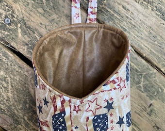 Fabric Hanging basket in patriotic print, faux leather basket, small toy storage, flag decor, rustic Americana basket