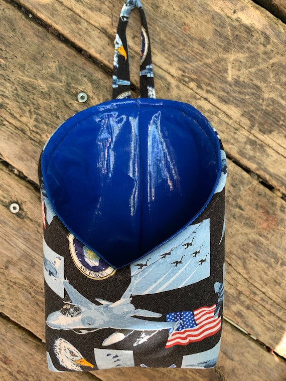 Fabric hanging basket, Air Force theme gift bag, patriot decor, oilcloth lined basket, small space storage, storage pod, military decor