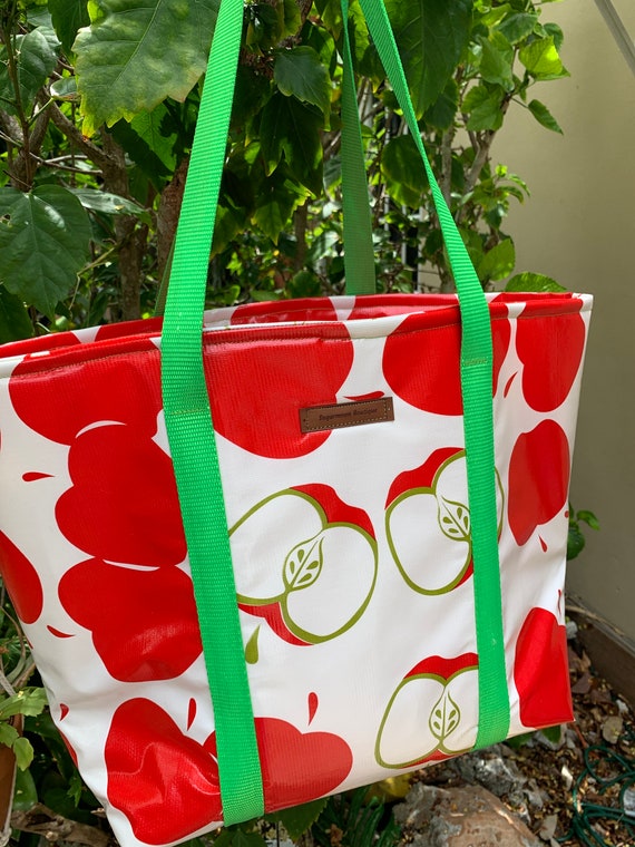 Oilcloth tote, red apple tote bag,beach bag, picnic tote, farmers market bag, pool or beach bag, insulated tote, waterproof, teacher gift