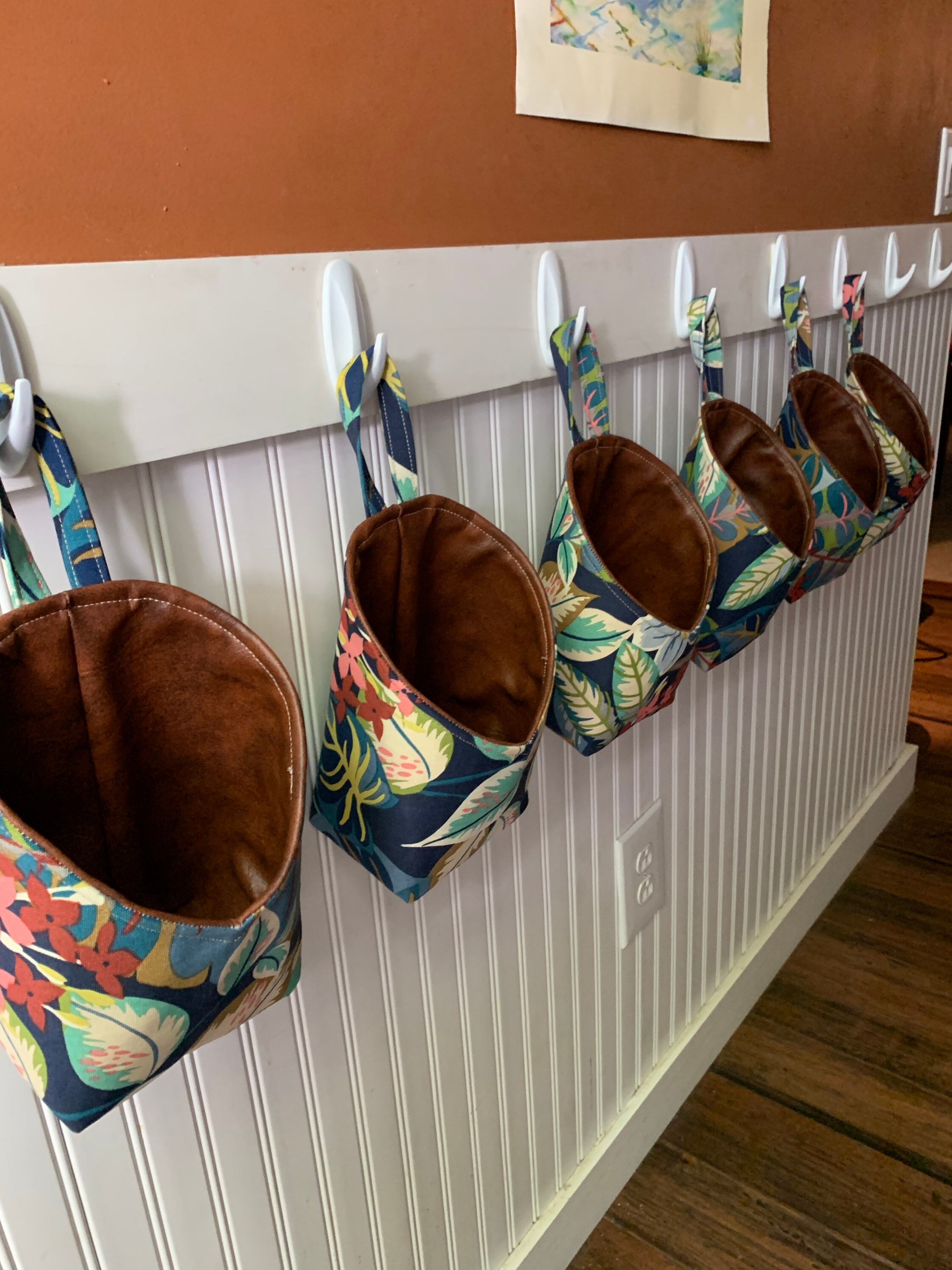 Fabric hanging basket, floral print basket, tropical home decor