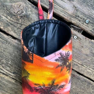 Fabric Hanging basket in tropical print, faux leather basket, palm tree decor, room organizer, cosmetics holder, gift basket, surf decor image 1