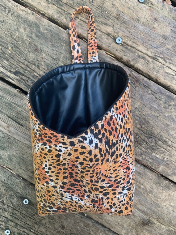 Fabric Hanging basket in animal print, faux leather basket, small toy storage, kitchen organizer, cosmetics holder, gift basket