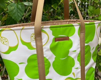 Oilcloth tote, green apple tote bag,beach bag, picnic tote, farmers market bag, pool or beach bag, insulated tote, waterproof bag, teacher