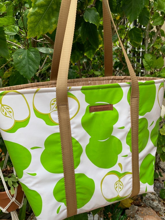 Oilcloth tote, green apple tote bag,beach bag, picnic tote, farmers market bag, pool or beach bag, insulated tote, waterproof bag, teacher