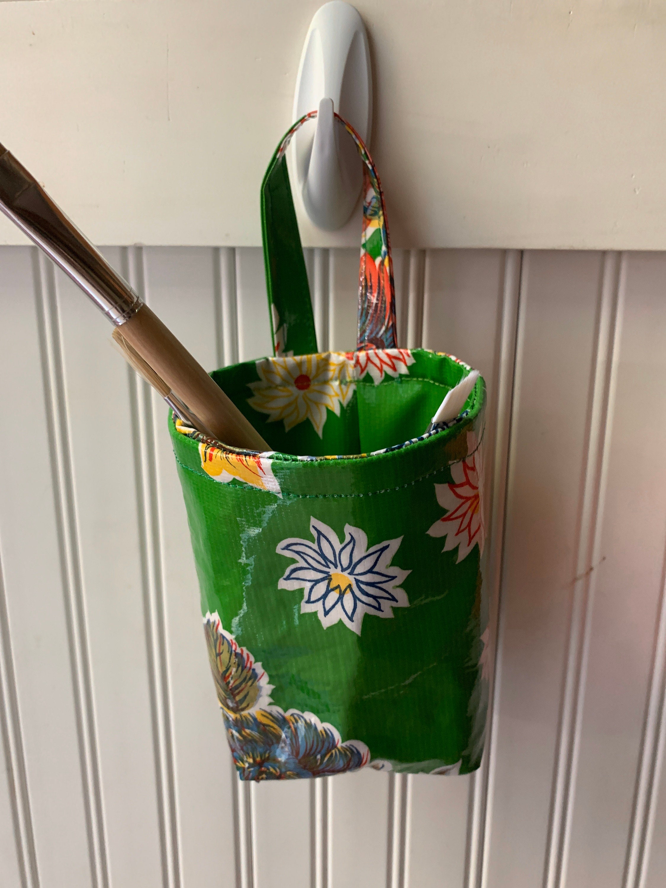 Fabric hanging basket miniature size, oilcloth basket, artist basket