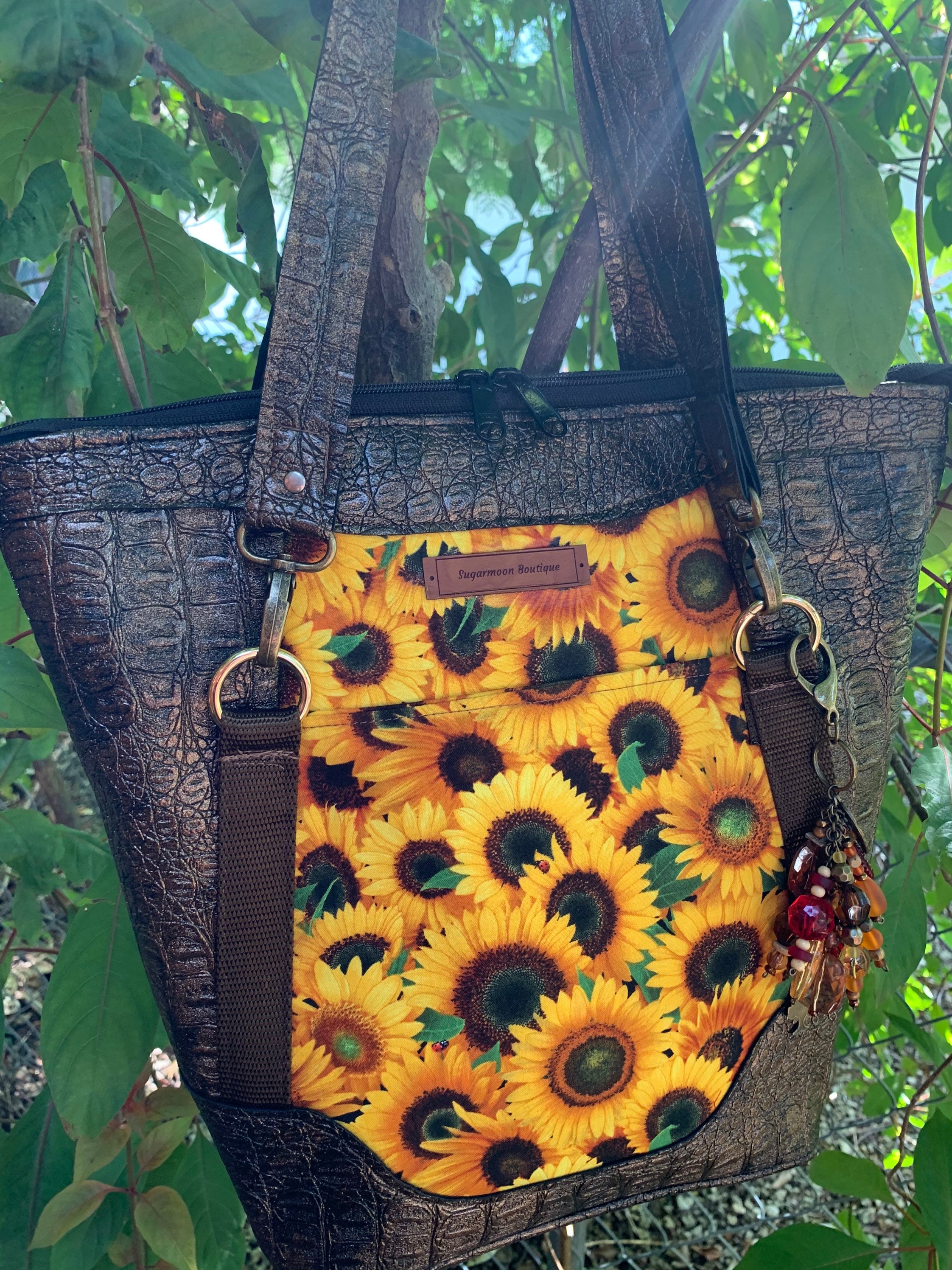 Sunflower purse, faux crocodile leather purse, floral shoulder bag ...