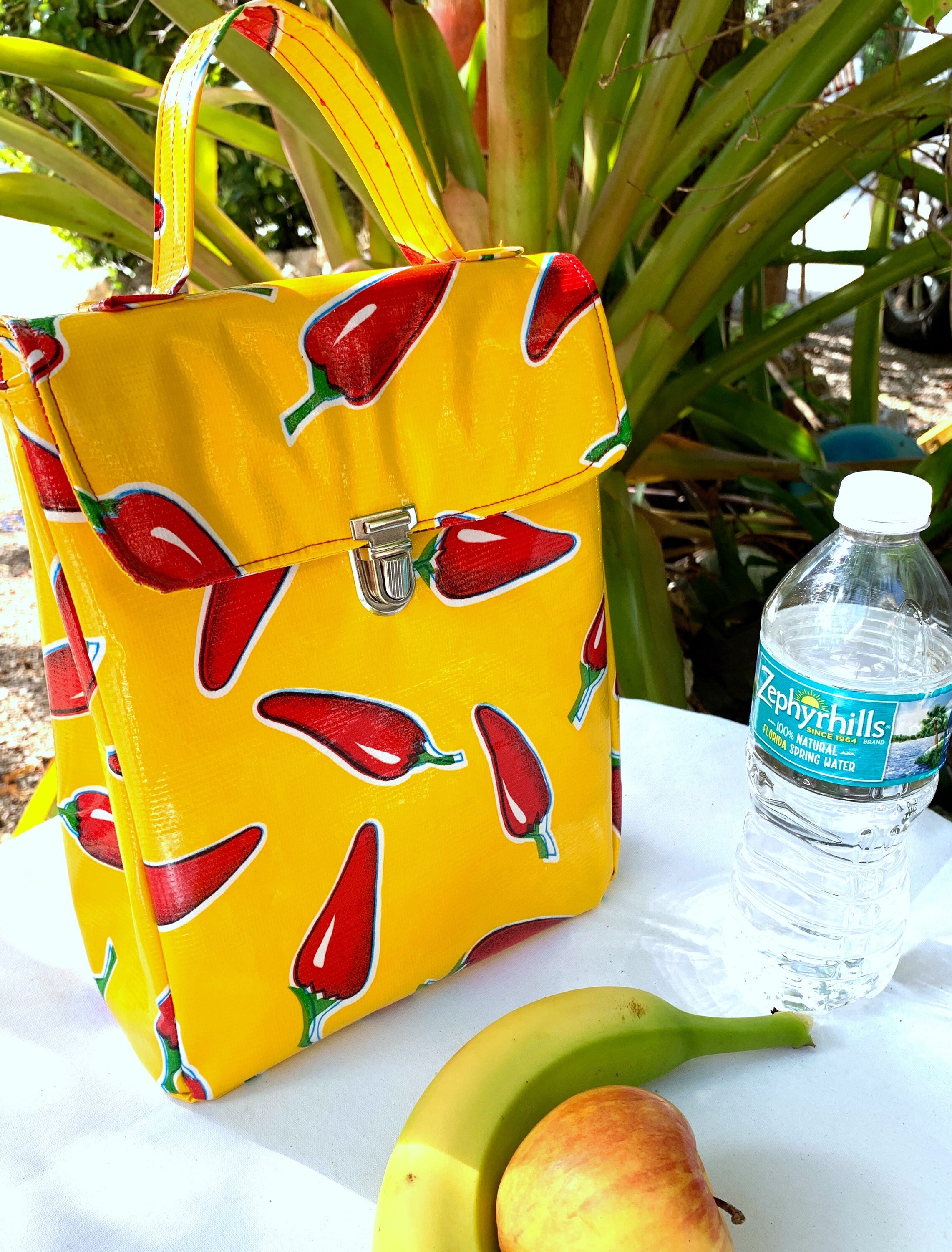 Oilcloth lunch bag, chili pepper lunch tote, zero waste packaging for
