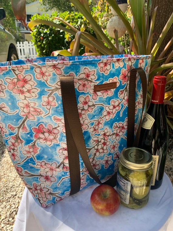 Oilcloth tote, cherry blossom bag,beach bag, picnic tote, farmers market bag, waterproof bag, insulated tote, shopping bag, spring tote