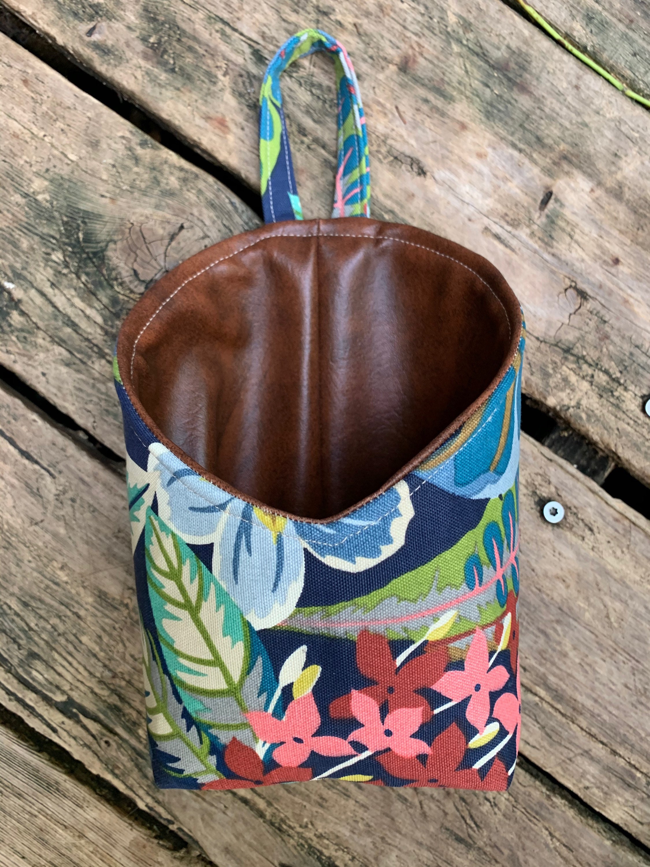 Fabric hanging basket, floral print basket, tropical home decor