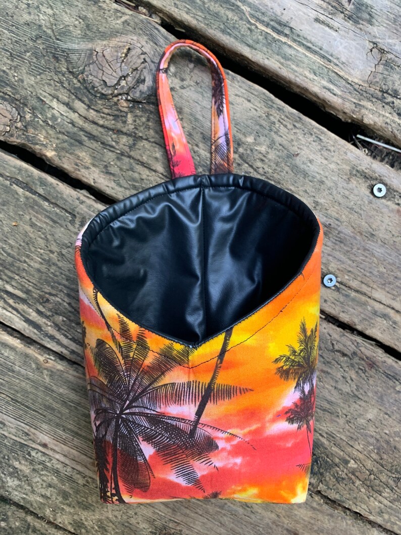 Fabric Hanging basket in tropical print, faux leather basket, palm tree decor, room organizer, cosmetics holder, gift basket, surf decor image 4