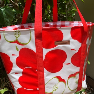 Oilcloth tote, red apple tote bag,beach bag, picnic tote, farmers market bag, red apple checker, insulated tote, waterproof, teacher gift