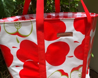 Oilcloth tote, red apple tote bag,beach bag, picnic tote, farmers market bag, red apple checker, insulated tote, waterproof, teacher gift