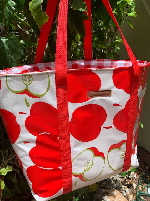 Oilcloth tote, red apple tote bag,beach bag, picnic tote, farmers market bag, red apple checker, insulated tote, waterproof, teacher gift