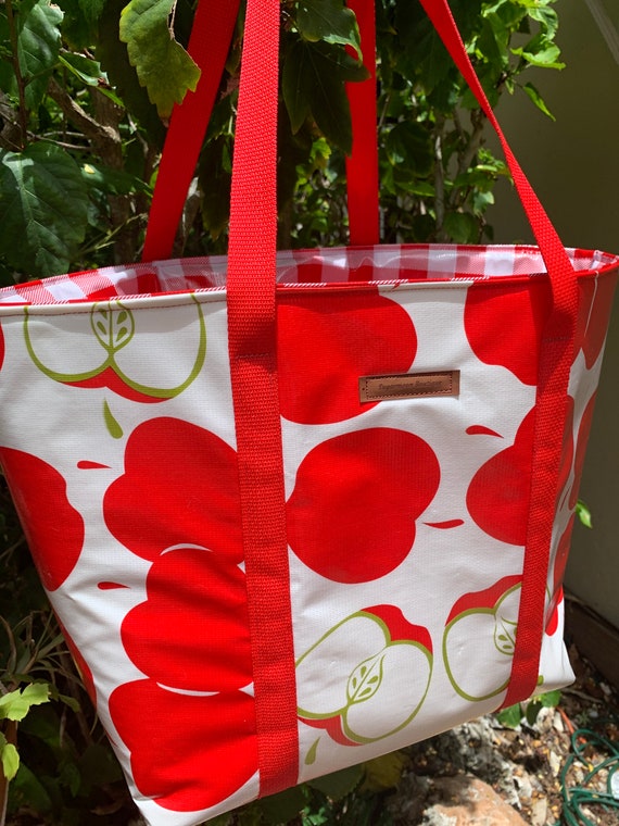 Oilcloth tote, red apple tote bag,beach bag, picnic tote, farmers market bag, red apple checker, insulated tote, waterproof, teacher gift