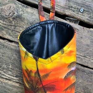 Fabric Hanging basket in tropical print, faux leather basket, palm tree decor, room organizer, cosmetics holder, gift basket, surf decor image 2