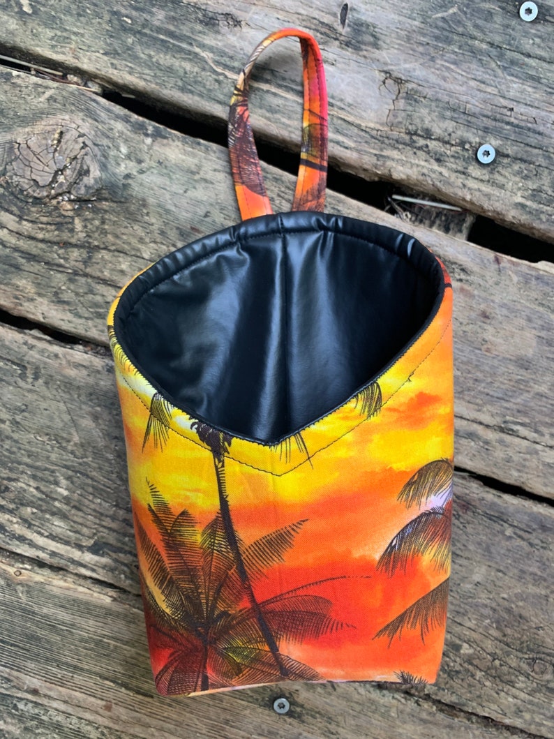 Fabric Hanging basket in tropical print, faux leather basket, palm tree decor, room organizer, cosmetics holder, gift basket, surf decor image 2