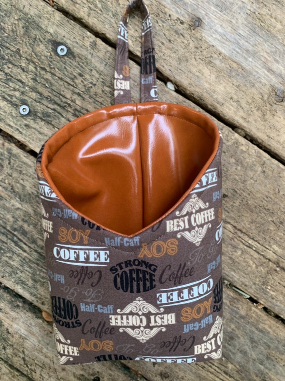 Fabric hanging basket, coffee theme print basket, coffee pod storage, storage basket, kitchen decor, rustic basket, coffee lovers gift