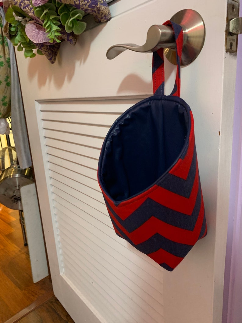 Fabric hanging basket, chevron print basket, kitchen storage, faux leather basket, gift basket, nursery decor, small space storage image 9