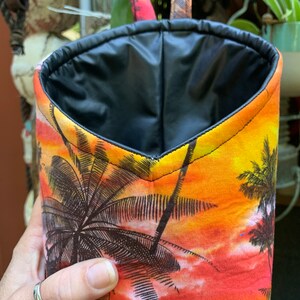 Fabric Hanging basket in tropical print, faux leather basket, palm tree decor, room organizer, cosmetics holder, gift basket, surf decor image 6